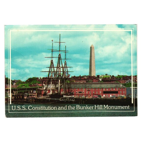 USS Constitution Bunker Hill Monument Postcard Boston MA Vintage Tourist Ship - Picture 1 of 2